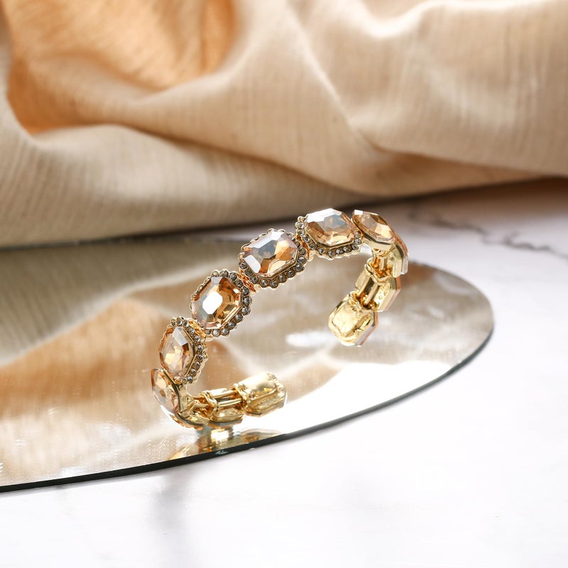 BriLove Large Statement Bangle Bracelet for Women Multi Emerald Cut Crystal Open Cuff Stretch Jewelry Champagne - Image 5